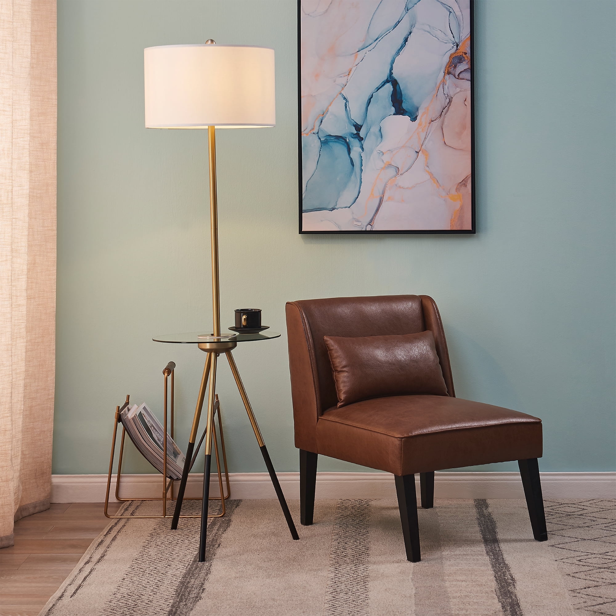 Teamson Home Myra Floor Lamp with Glass Table and Built-In USB Port, Gold/Black