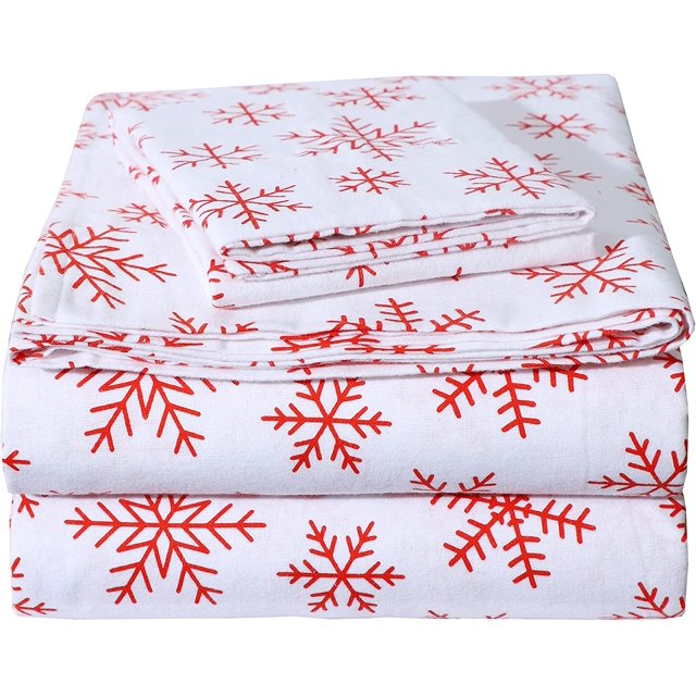 Draps de Lit en Flanelle 160 Grammes Draps et Taies d'Oreiller Super Doux Entretien Facile - 3 Pcs - Flocons Rouges, Simple TG