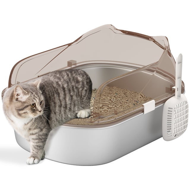 PawHut Stainless Steel Cat Litter Box, Litter Pan Tray with Lid Steps Scoop