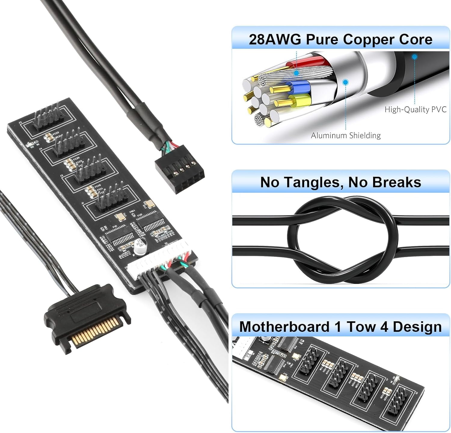 HRTGFD-9Pin USB 2.0 Header Splitter With SATA Power Cable - 1 to 4 Internal USB Hub for CPU/WiFi Receiver/Fans/RGB Light/Printer/Scanner