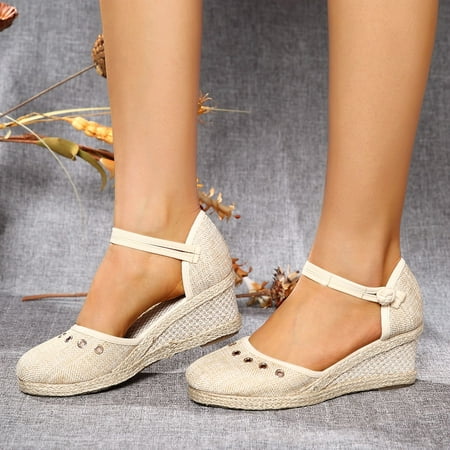 

Cathalem Espadrille Sandals Wide Width for Women Women Platform Wedge Sandals Fashion Versatile Braided Women Thong Sandals Beige 8