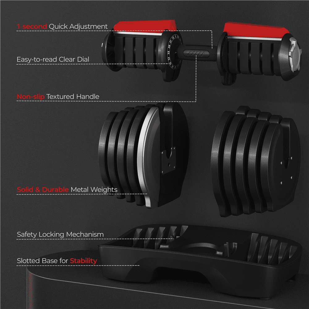 Renwick 16-in-1 Quick-adjust Dumbbell Set with Tray, Black