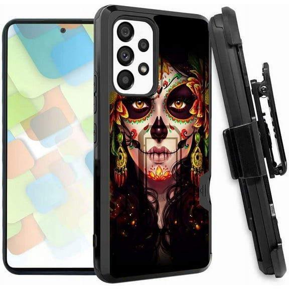 ANJ  Rugged Dual Layered Holster Case w/Kickstand, Card Slot Case   Tempered Glass Cover for Samsung Galaxy A53 5G - Death Lady 2