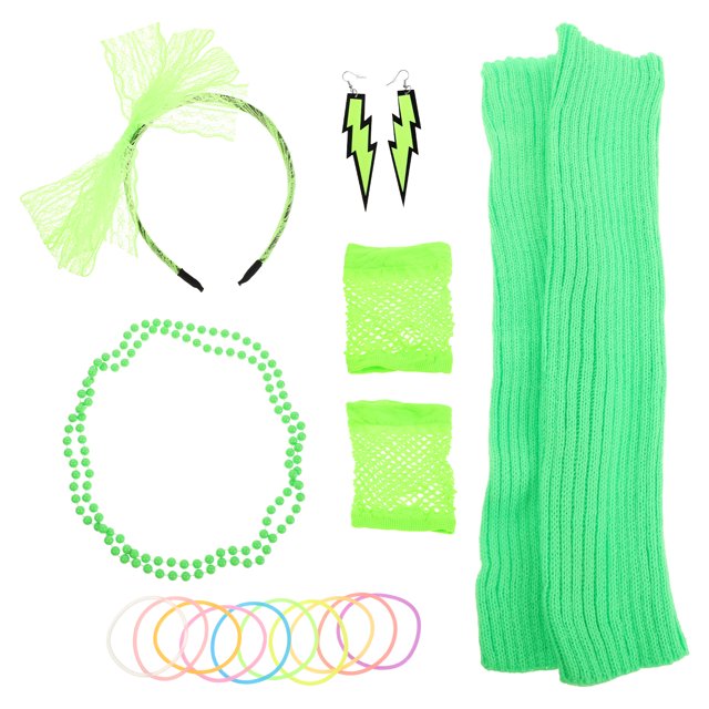 1 juego de disfraz retro de los 80, collar verde neón, diadema de encaje, pendientes y calentadores de piernas para mujer, ideal para fiestas temáticas de los 80, Halloween, eventos de cosplay