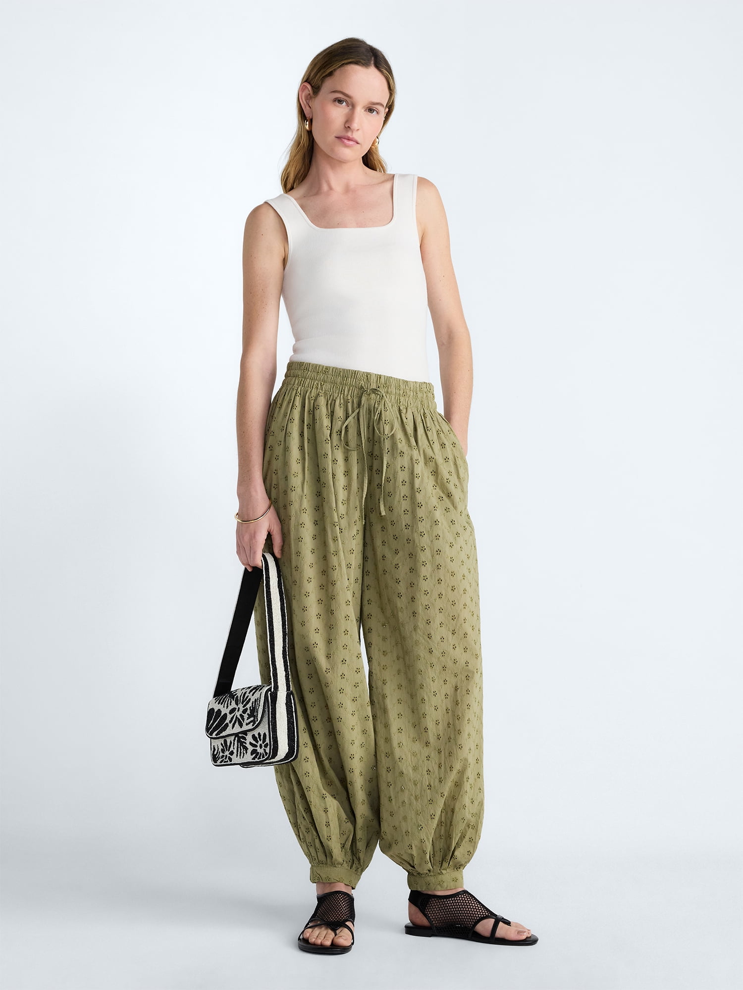 Scoop Women’s and Women's Plus Eyelet Harem Cotton Pants, Sizes XS-4X