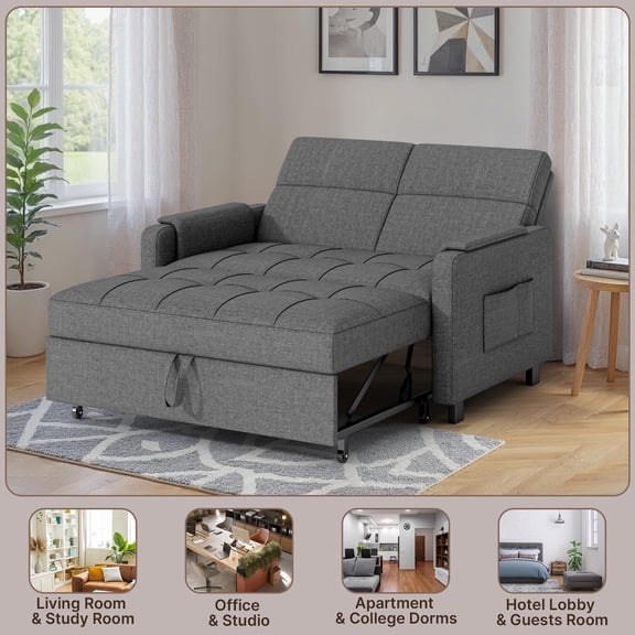 51.2" 3-in-1 Convertible Loveseat Sleeper: Pull-Out Futon Sofa Bed with Adjustable Backrest & Side Pocket for Living Room, Office, Apartment - Dark Grey