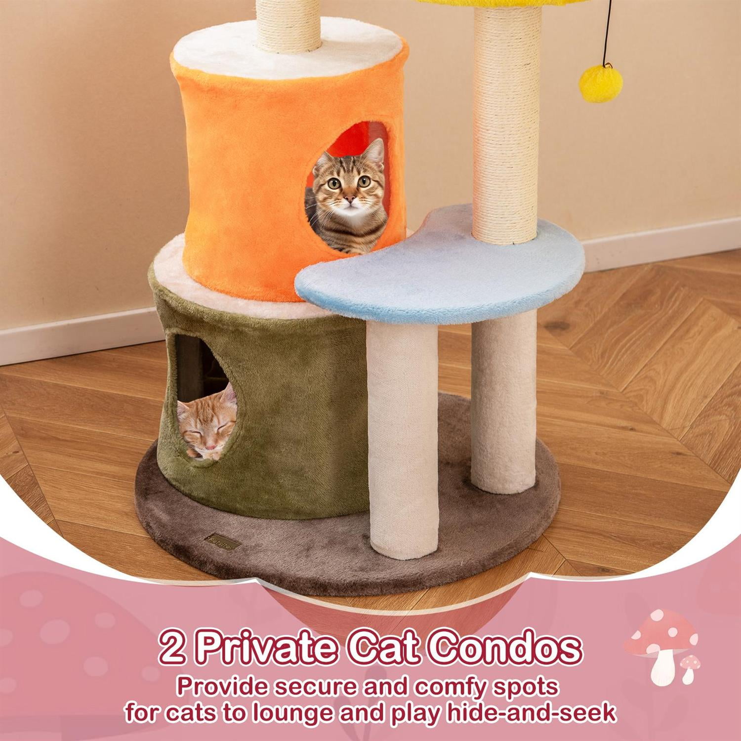 Pefilos 43" Tall Cute Cat Tree, 2 Condos & Padded Platforms, Sisal Scratching Posts, Multicolor