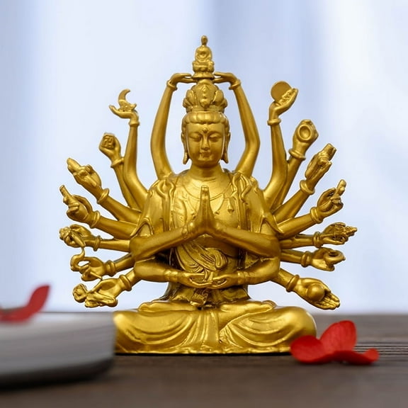 Handcrafted Thousand-Armed Guanyin Buddha Statue Golden Brass 2.87in Calmness & Support Perfect Gift for Meditation