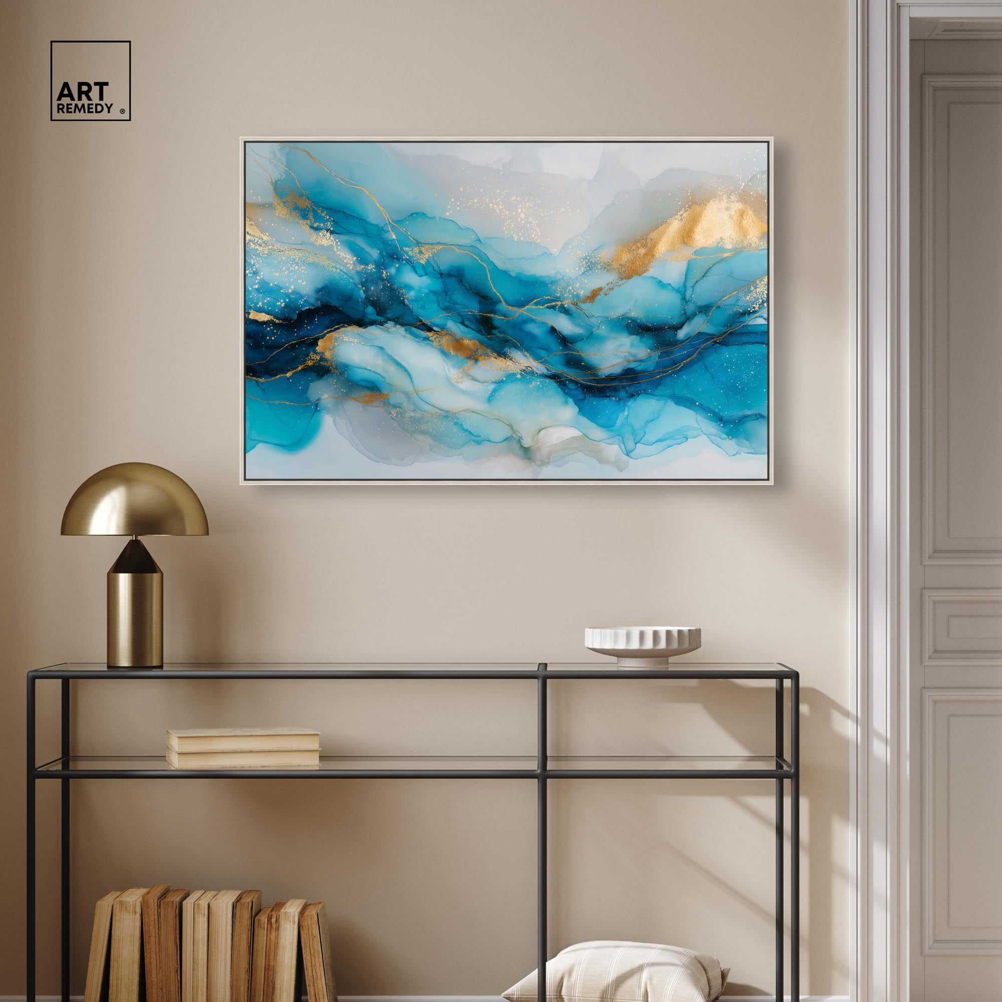 Ethereal Blue and Gold Canvas Abstract Wall Art by Art Remedy, Silver Frame, 36 x 24