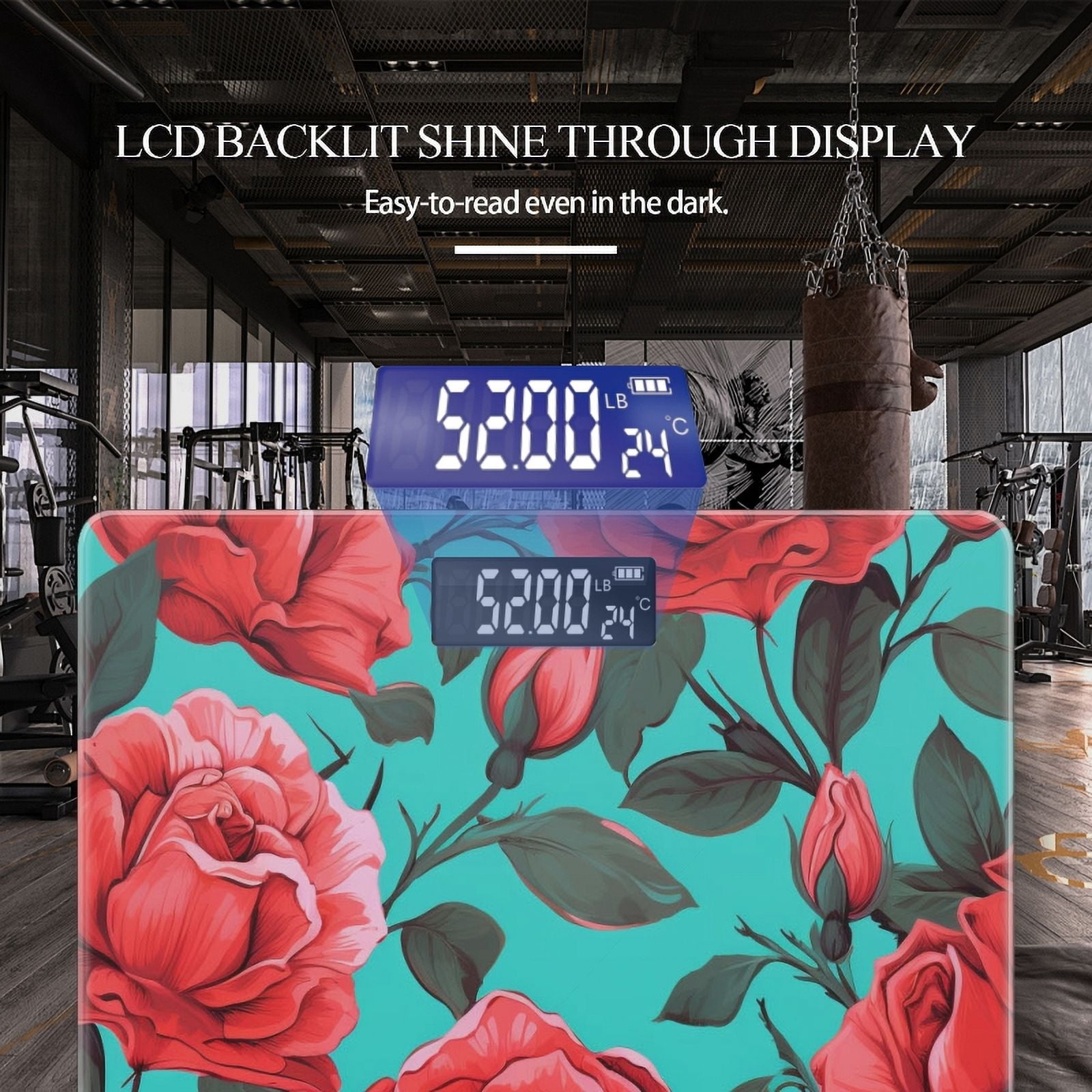 High Precision Body Weight Scale Smart Bathroom Scales with Large LCD Display(400lbs),Decorative for Bedroom-Red Roses With Green Leaves On Turquoise Background