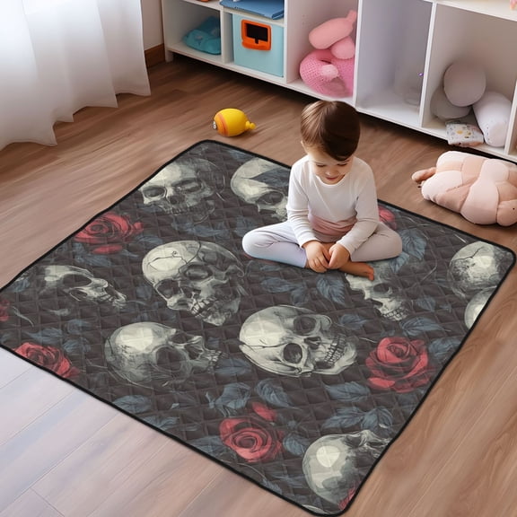 WOBOGO Skull Red Roses Pattern Baby Playmats Extra Large Waterproof Rollable Activity Pads for Toddlers 50×50inch