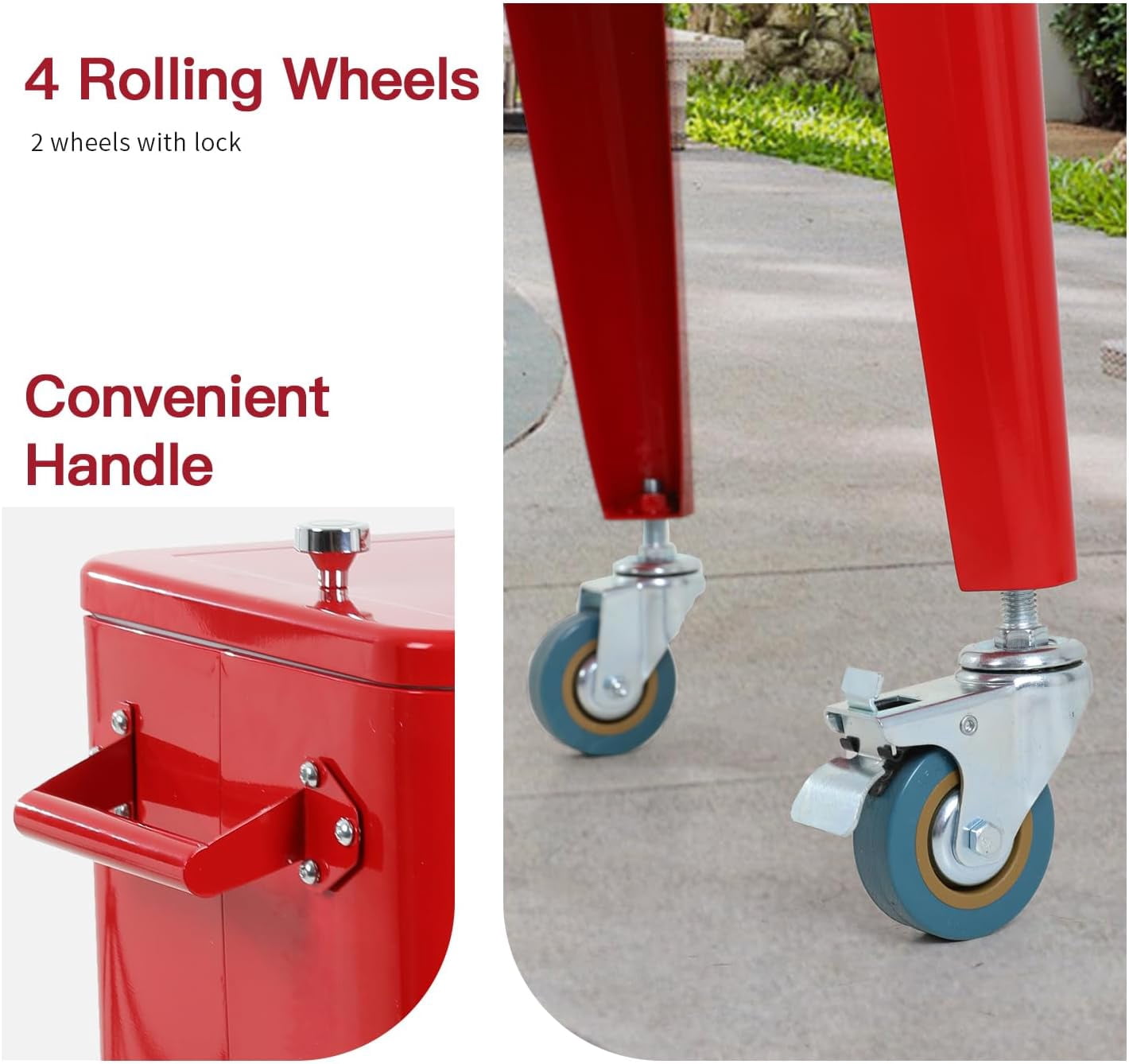 XF XINFENG 80 Quart Rolling Ice Chest on Wheels Outdoor Indoor Bottle Opener&Cap Catcher, Portable Patio Party Bar Drink Cooler Cart with Shelf, Red