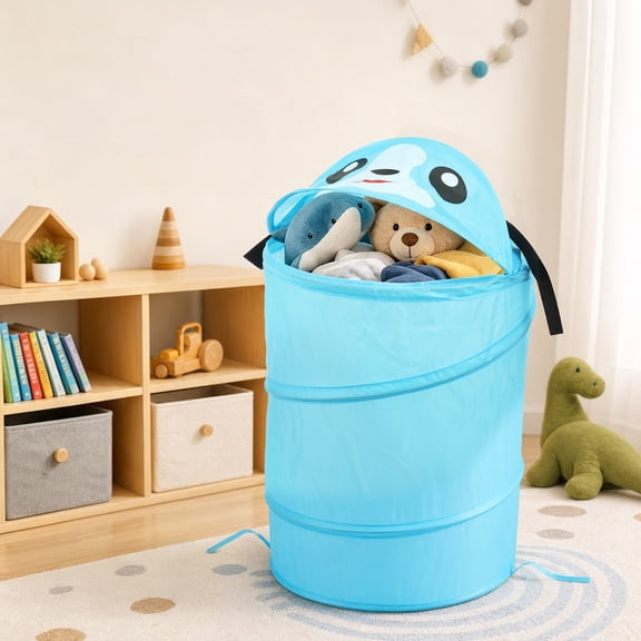 Pop Up Laundry Basket for Kids, Collapsible Toy Storage Bin & Foldable Clothes Hamper for Nursery Playroom Bathroom, Animal Design