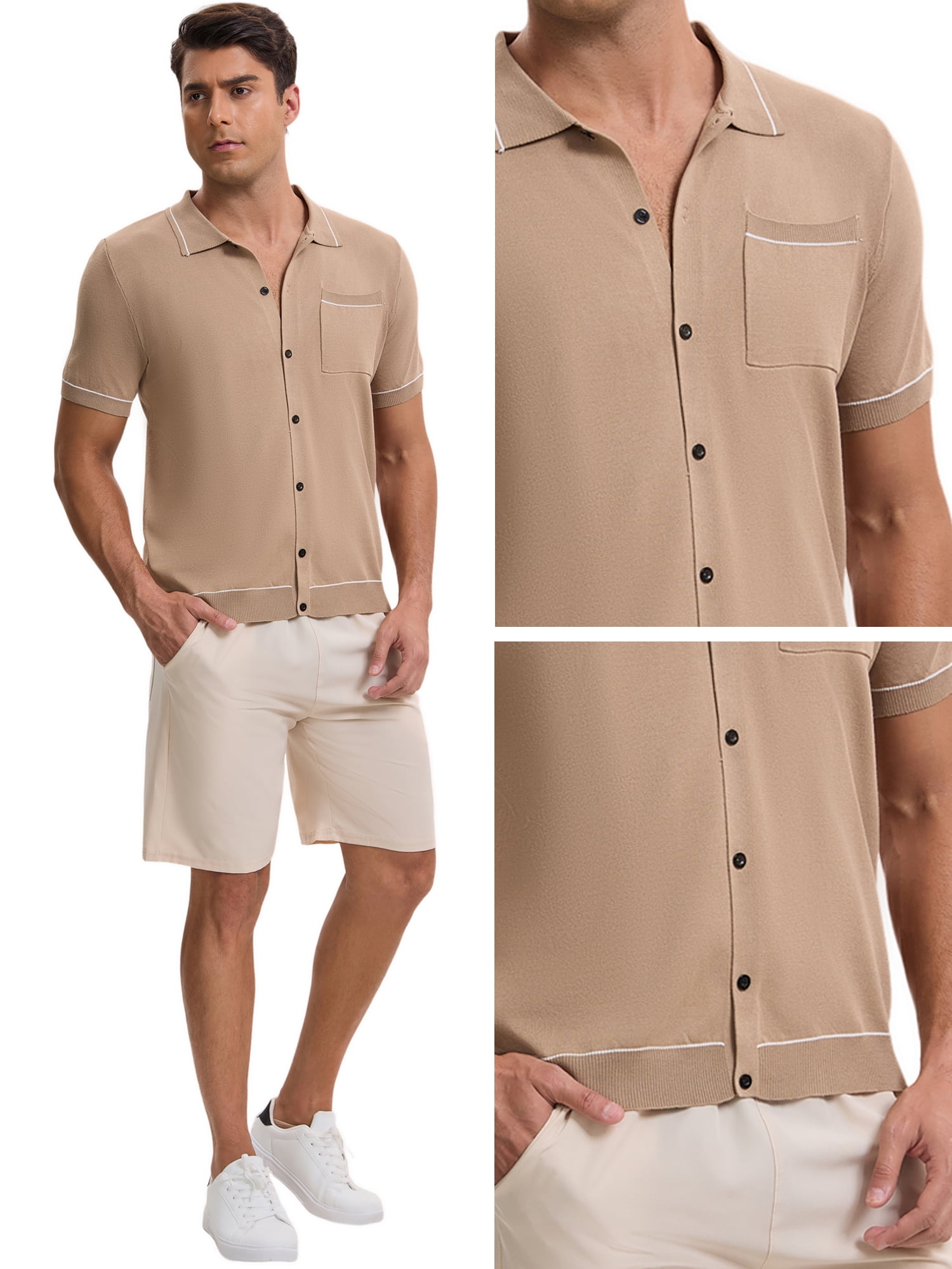 DARING DIVA Men's Knit Button Down Casual Vintage Short Sleeve Polo Shirt XXL Deep Khaki