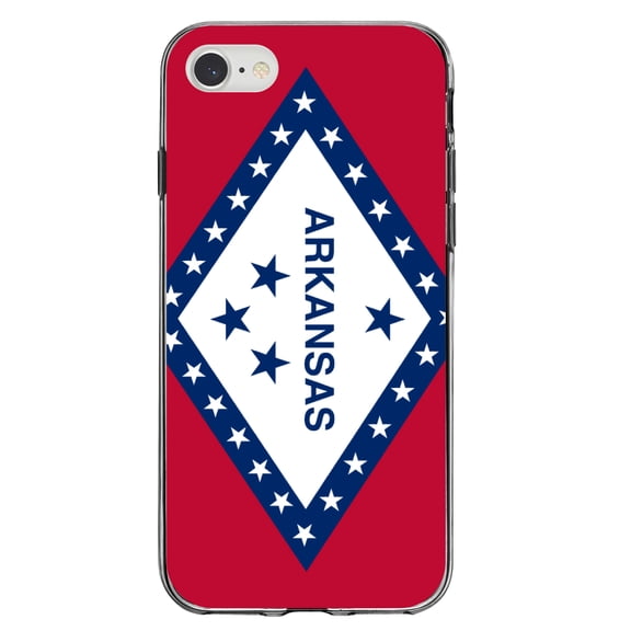 DistinctInk Clear Shockproof Hybrid Case for iPhone 7 8 SE (2020 Model) 4.7" Screen TPU Bumper Acrylic Back Tempered Glass Screen Protector - Arkansas State Flag - US State Flag