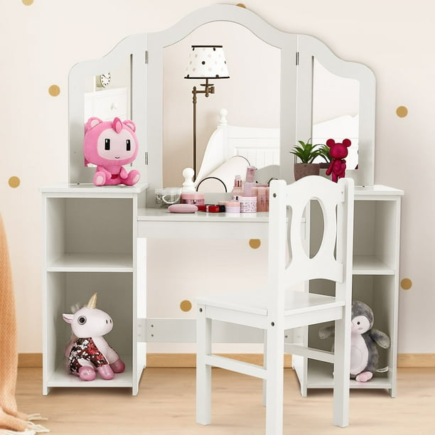 Bable Kids Vanity Set With Mirror Girls Table And Stool Princess Bedroom Makeup White Com Bable Kids Vanity Set With Mirror, Little Girl Vanity Set With Lights