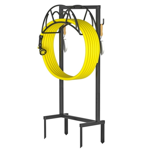 Garden Hose Holder, Freestanding Heavy Duty Water Hose Holder for Outside, Upgraded Metal Hose Stand with 4 Spikes, Detachable Garden Hose Storage Hose Reel Rack, Black