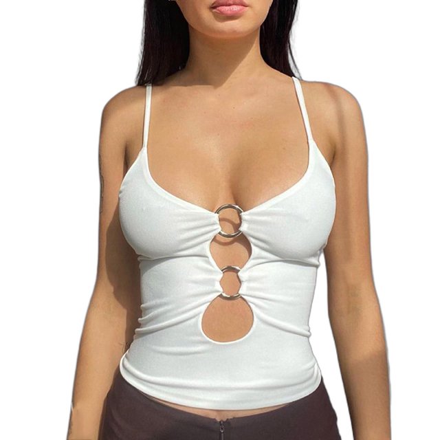 Honeeladyy - Camiseta sin mangas con cuello en U profundo y corte bajo para mujer, con fruncido en el o-ring, elástica, sin mangas