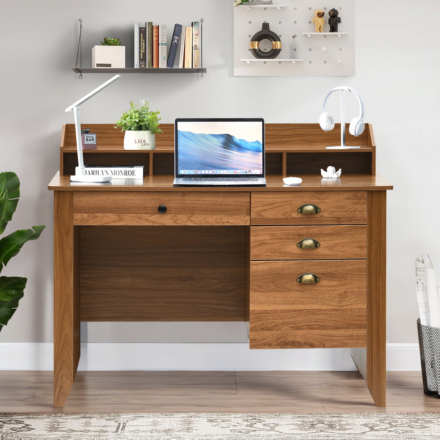 Catrimown Computer Desk, 47.5 in Wood Home Office Desk with Hutch and 4 Drawers, Monitor Stand, Rustic Brown