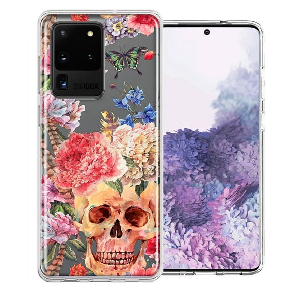 MUNDAZE Case For Samsung Galaxy S20 Ultra Indie Spring Peace Skull Feathers Floral Butterfly Flowers Phone Cover
