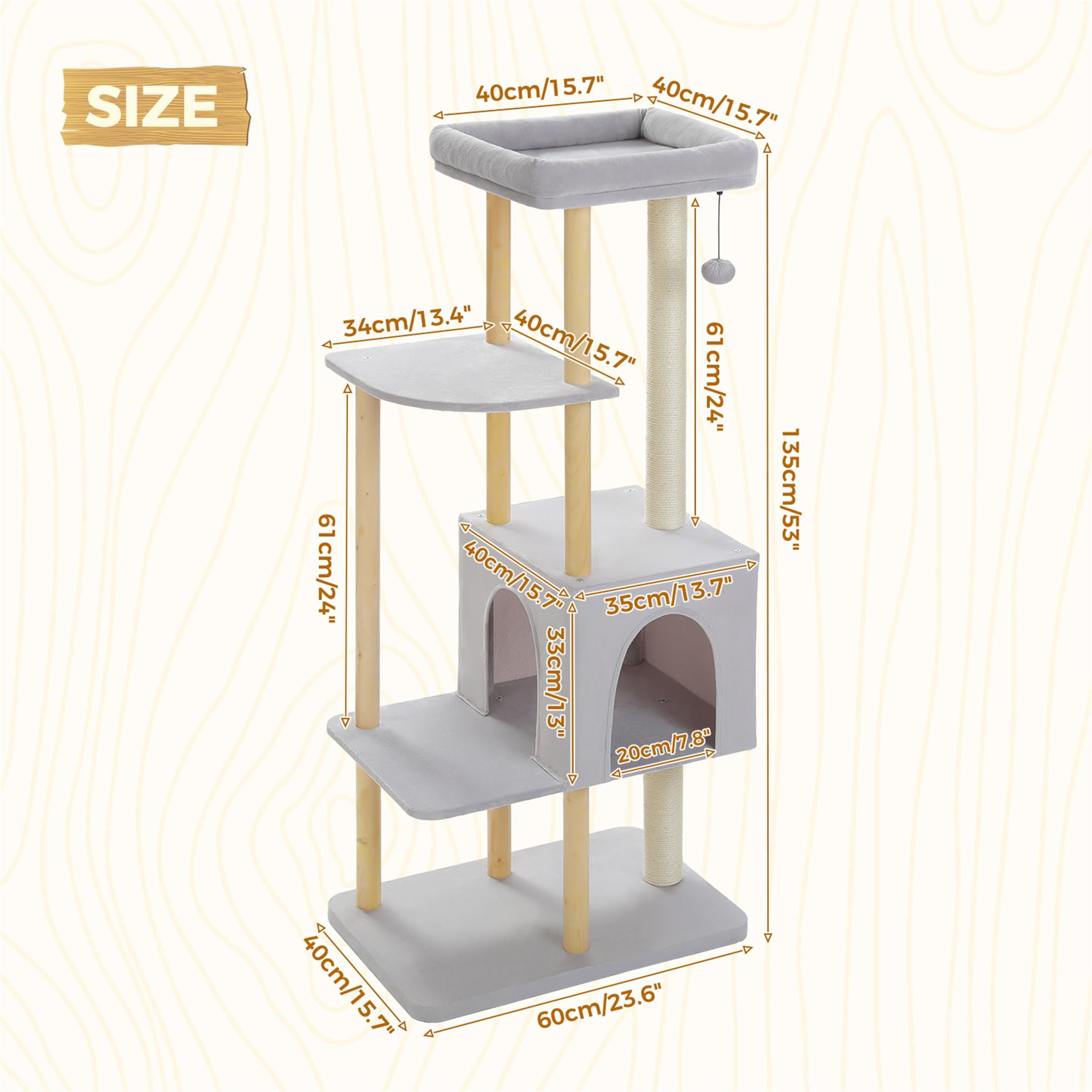 resenkos 53" Modern Wooden Cat Tree Tower for Indoor Cats, Multi-Level Cat Condos with Long Scratching Posts and Scraping Columns, Gray