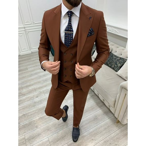 GENT WITH Men’s Brown 3 Piece Slim Fit Suit, Italian Designed Coat Pants, Wedding Groom Party Wear Suit