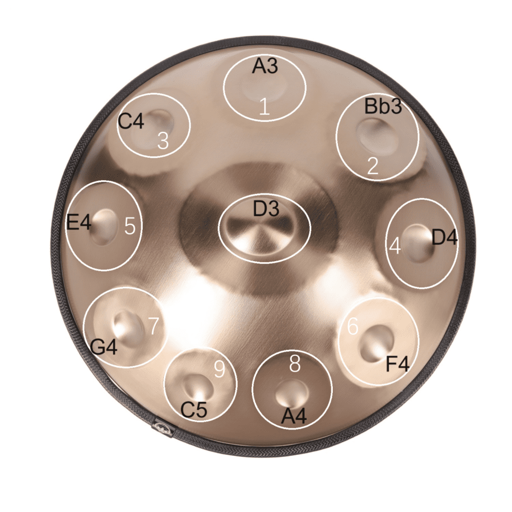 Latourreg 440Hz Tambourine drum in 22inch D Minor 10Notes Steel Tongue Gold Hand Pan Drum Instrument with Soft Hand Pan Bag, hand pan Mallet,Hand pan Stand,Dust-free