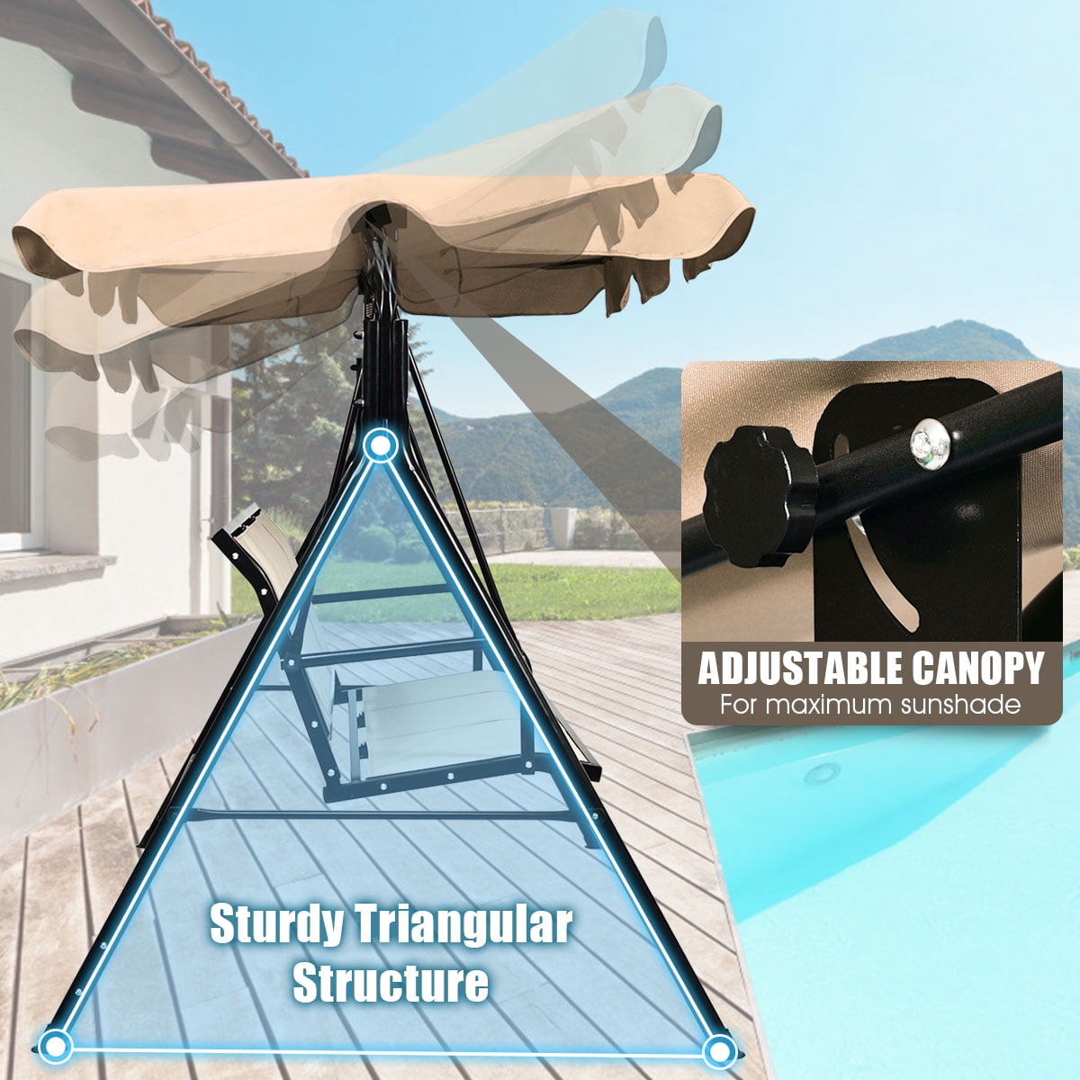 Gymax Fashion Brown Outdoor Swing Canopy Patio Swing Chair 3 Person Canopy Hammock