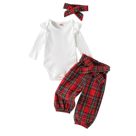 Baby Girl Christmas Clothes My First Christmas Outfit Long Sleeve Romper Santa Print Flare Pants Headband Xmas Set