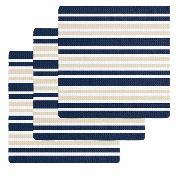 Navy Blue Khaki Striped Dish Towels Set, Waffle Weave Kitchen Towels 3 Pieces, Gradient Horizontal Lines Microfiber Hair Face Bath Tea Towel Absorbent Quick Drying Cleaning Dish Cloths, 12"x12"