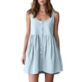thumbnail image 2 of Robes Mini pour Femmes à Col Rond Sans Manches Style Bohème Vacances à Boutons devant Légères Respirantes Coupe Ample Robes, 2 of 7