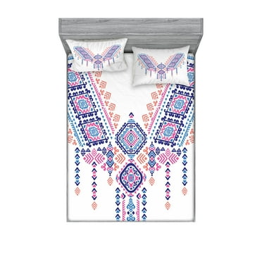 Ambesonne Tribal Fitted Sheet & Pillow Sham Set, Geometric Design, Queen, Coral Pink and Blue