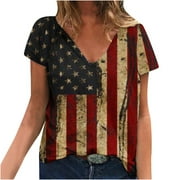 SOOMLON Happy Independence Day Women T-Shirt Independence Day Print Tops V-Neck Short Sleeve Black L