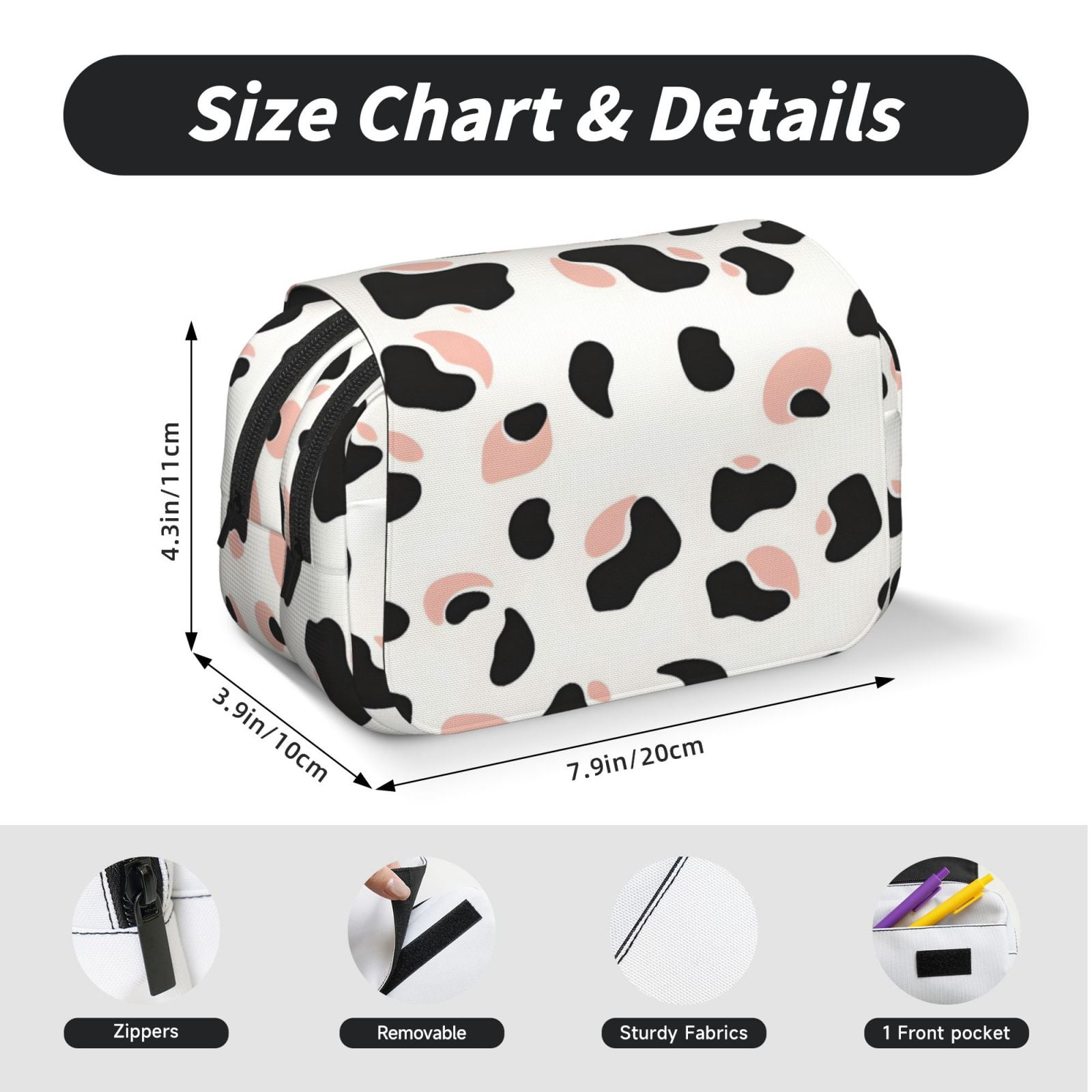 Large-Capacity Flip-Top Double-Layer Pencil Case, Multi-Functional Pocket Pen Case, Durable Stationery Organizer Simple Cow Print Pattern White Background, Pink And White_2