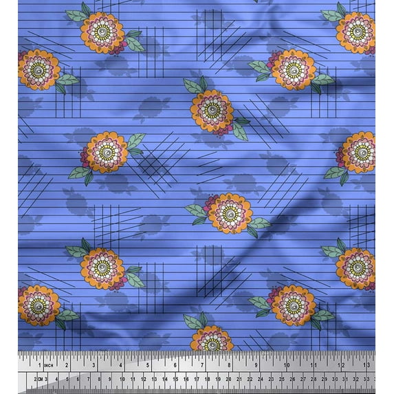 Soimoi Blue Rayon Fabric Artistic Floral & Stripe Fabric Prints By Yard 42 Inch Wide