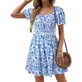 thumbnail image 4 of Square Neck Womens Boho Floral Smocked Short Sleeve Ruffle Beach Summer Mini Dress, 4 of 7