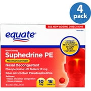 (4 pack) (4 Pack) Equate Maximum Strength Suphedrine PE Tablets, 10 mg, 18 Ct
