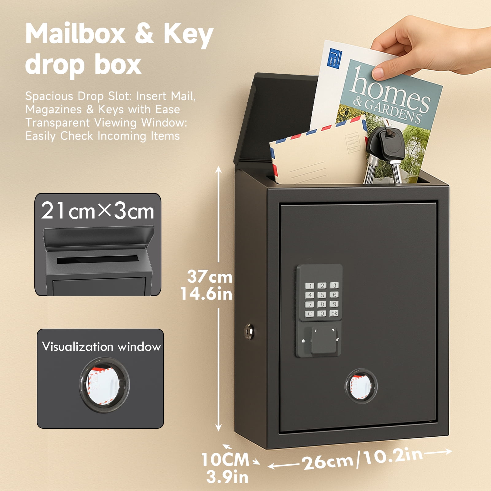 WeHere Mailbox with Smart Lock for Wall Mount, Suggesion Box, Business Key Drop Box, 4 Unlock Ways
