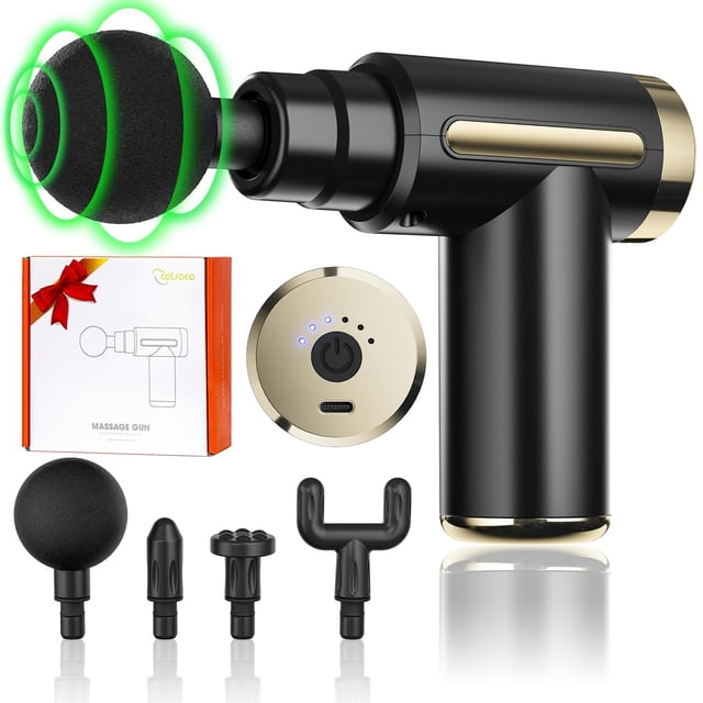 Pistola de Masaje Muscular Portátil Mini Masajeador de Tejido Profundo Black con 4 Cabezales para Re