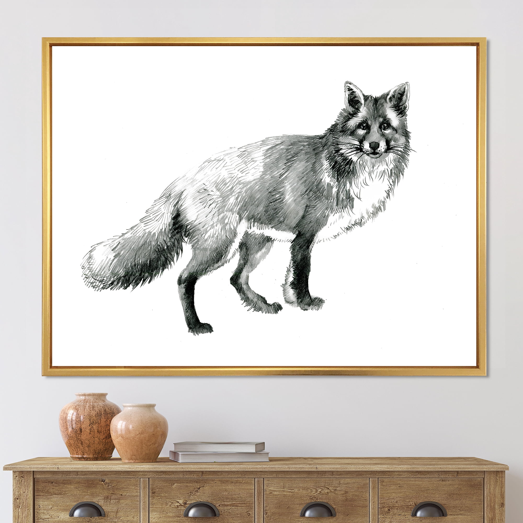 Designart 'Black and White Portrait Fox' Farmhouse Framed Canvas Wall Art Print