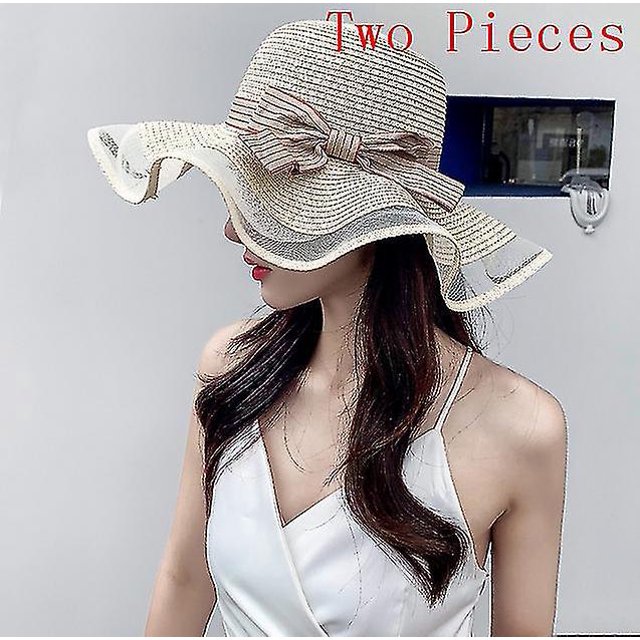 Nuevo estilo Sombrero de paja Mujer Verano Playa Vacaciones junto al mar Protección solar Gorra grande Sombrero de paja Sombrero de verano para el sol Gorras de mujer Dos piezas
