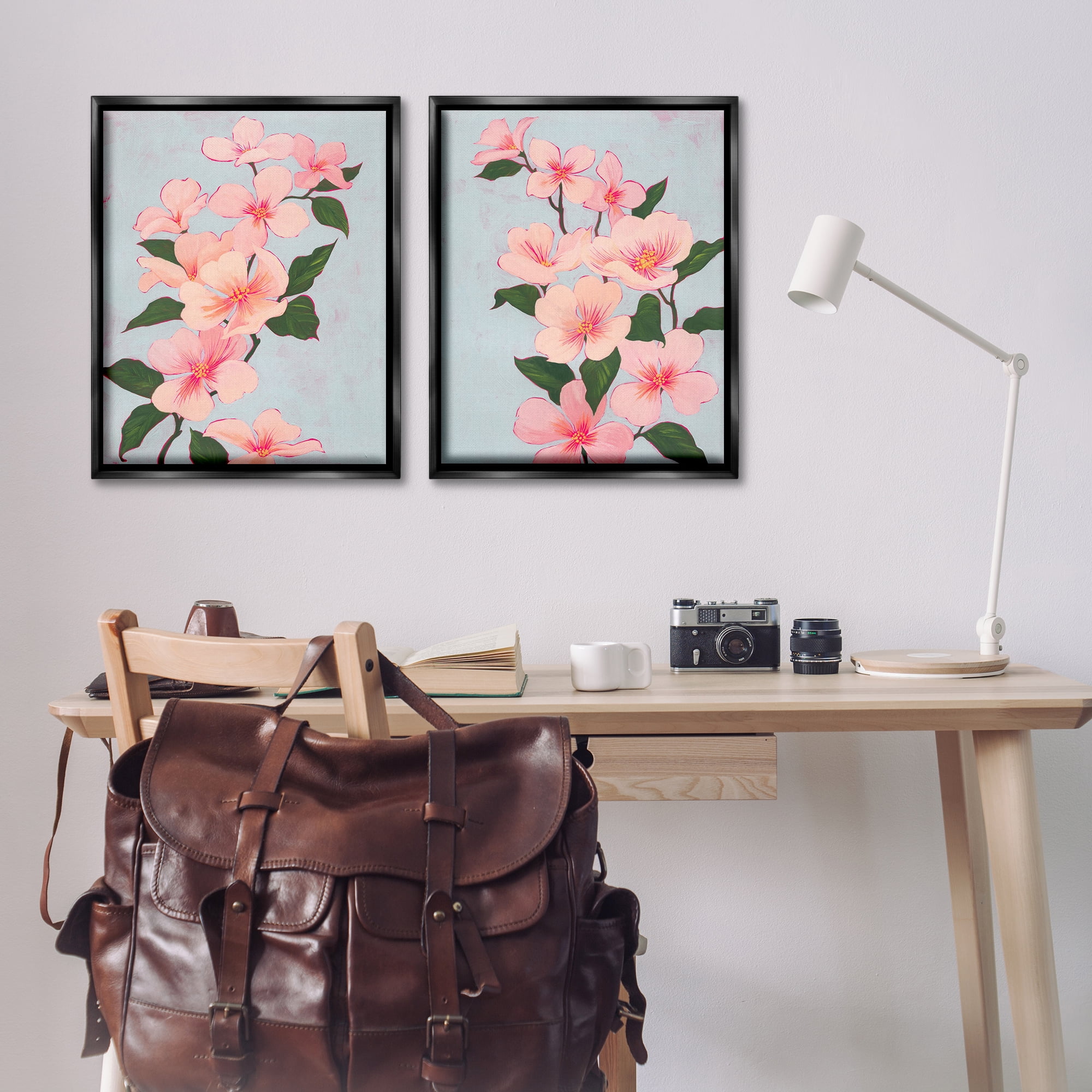 Stupell Industries Pink Cherry Blossom Branch Plants & Flowers Painting Black Floater Framed Canvas Art Print Wall Art, 31 x 25, Set of 2