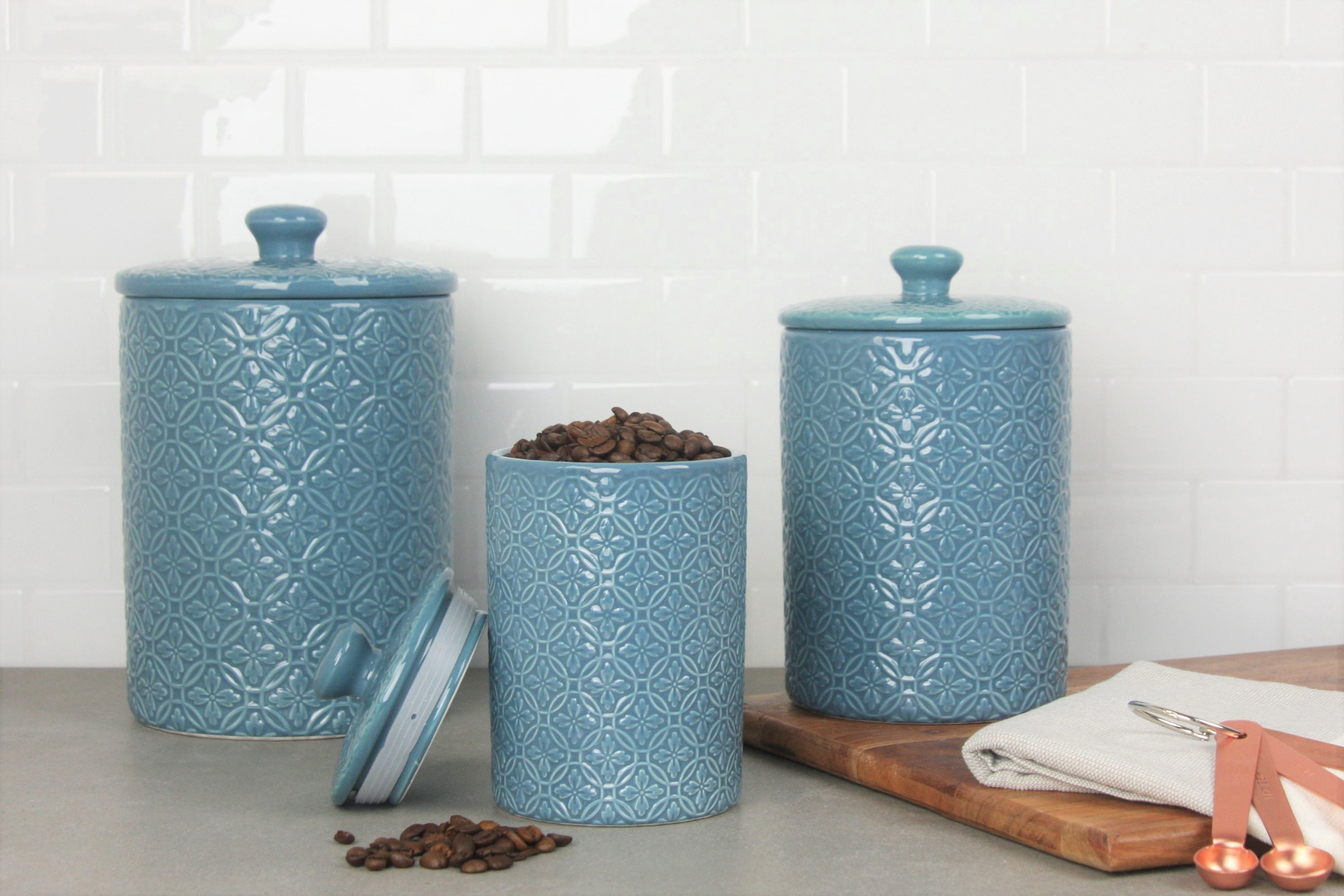 10 Strawberry Street Hampton Embossed 3 Piece Ceramic Canister Set, Teal