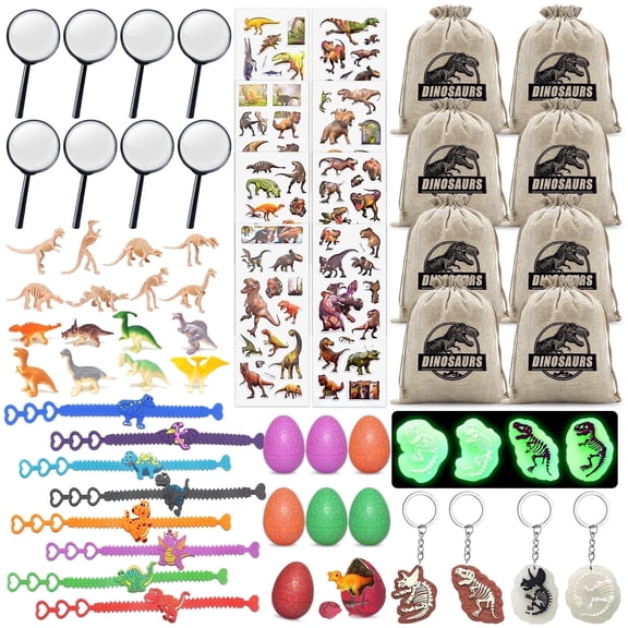 Dinosaur Party Favors for Kids, 64 Pcs Dino Gifts with Hatchable Eggs, Skeleton Models & Mini Dinosaurs, Magnifying Glass, Wristbands & 3D Stickers, Birthday Party Supplies for Boys Girls