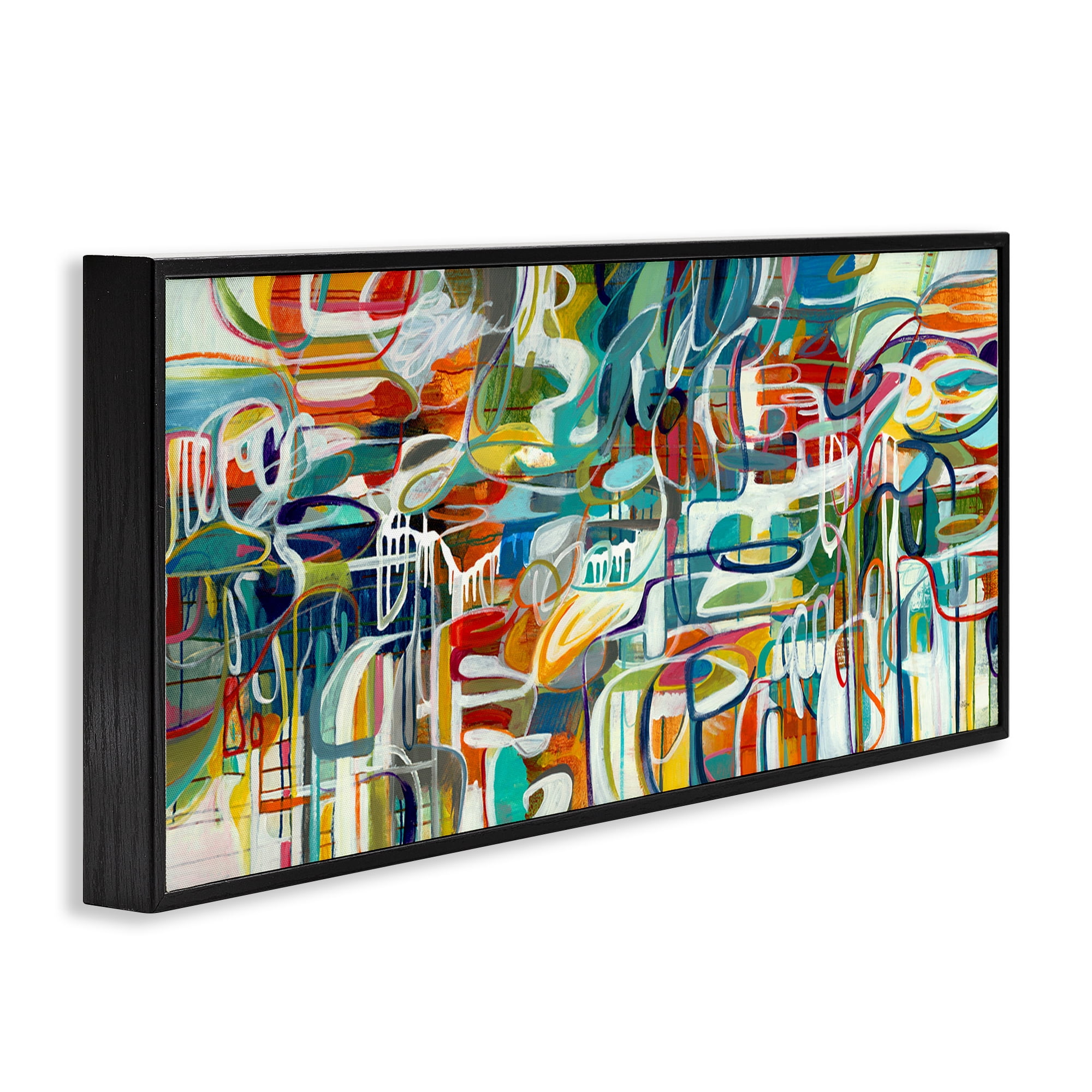 Stupell Industries Chaotic Doodle Shapes Abstract Painting Black Framed Art Print Wall Art, 30 x 13