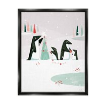 Stupell Industries Penguins Decorating Christmas Tree Holiday Painting Black Floater Framed Art Print Wall Art