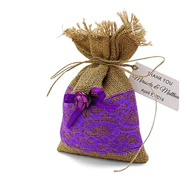 20 Jute Drawstring Bag Pouches With Custom Tag Wedding Small Net Favor Bags Rustic Party Favor Burlap Sack 4"x6.5" inches