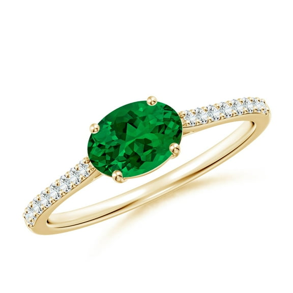 ANGARA Lab Grown East-West Oval Emerald Cathedral Engagement Ring for Women in 14K Yellow Gold (Size-7x5mm) | May Birthstone, Birthday, Anniversary, Jewelry Gift for Women | Lab-Grown Emerald Ring