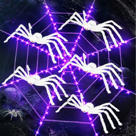Innens 11.8ft Halloween 144 LED Purple Spider Web Lights with 35 Giant Spider Light up Cobweb Halloween Decorations for Indoor Ourdoor Garden Yard Home Patio (White 5Pcs)