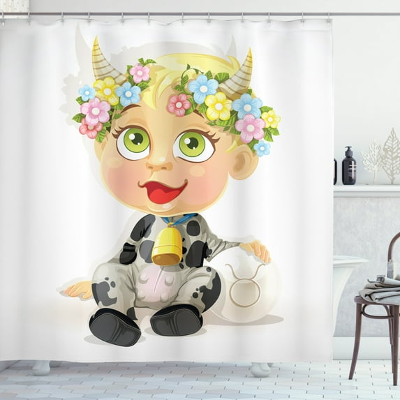 Zodiac Taurus Shower Curtain, Happy Baby with Little Horns and Flowers Cow Bell and Costume Kids Cartoon, Fabric Bathroom Set with Hooks, 69W X 75L Inches Long, Multicolor, by Ambesonne
